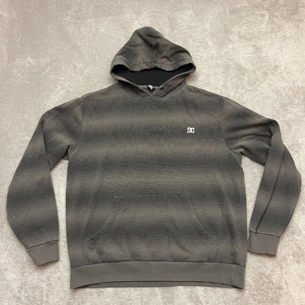 Y2K DC Shoes Striped Hoodie Sweatshirt Jacket Zip-Up Skater Black  & Grey Size L
